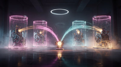 One glowing engine at the centre of a dark hall sends streams of light into 4 sealed glass chambers, each powering its own machine, while a single ring of light hangs above