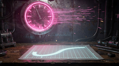 A glowing dial at day 30 throws a wild magenta reading into the dark while a steady cyan baseline curve is recorded on a workbench sheet beneath it