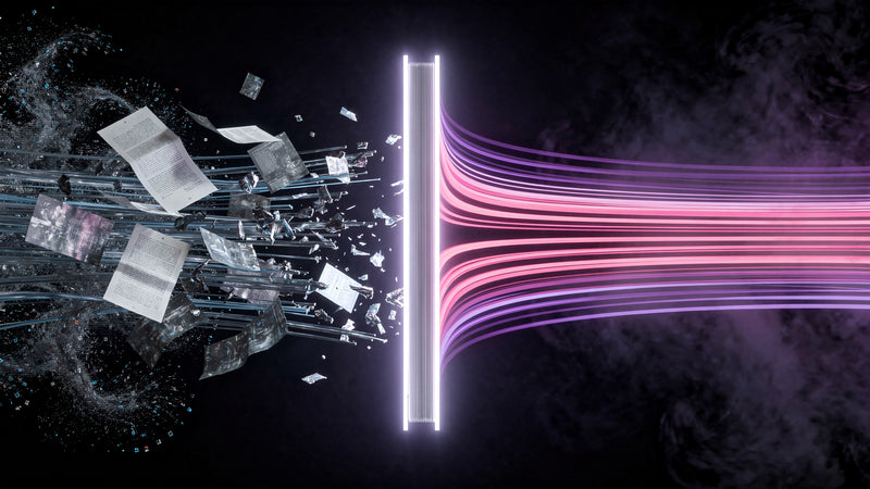 A dozen scattered documents resolving through a single luminous page into one ordered stream — the firm's first AI doctrine