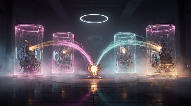 One glowing engine at the centre of a dark hall sends streams of light into 4 sealed glass chambers, each powering its own machine, while a single ring of light hangs above
