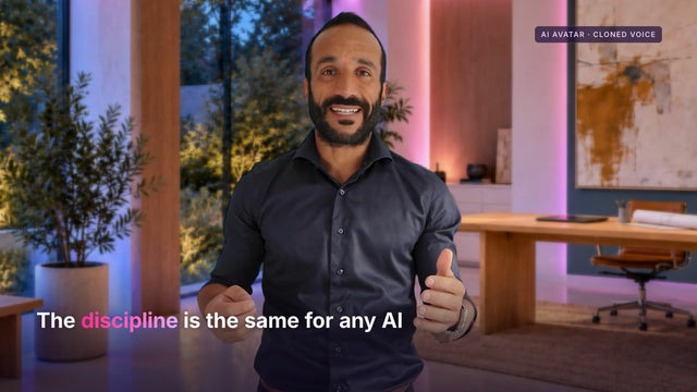 The AI avatar of Bruno Oliveira in a generated room, labelled AI avatar and cloned voice, from the film This is not me