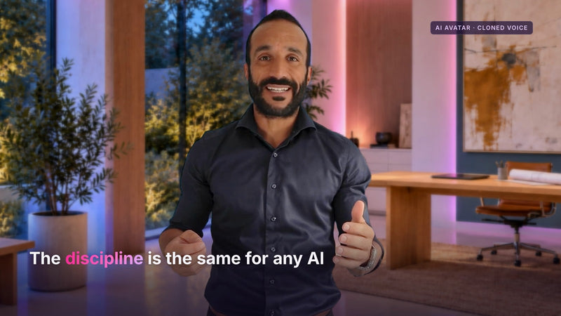 The AI avatar of Bruno Oliveira in a generated room, labelled AI avatar and cloned voice, from the film This is not me