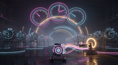 A small glowing prototype engine waits before a gateway crowned by three illuminated instrument dials, beside a large lever ringed with light, while ranks of identical engines stand dark beyond