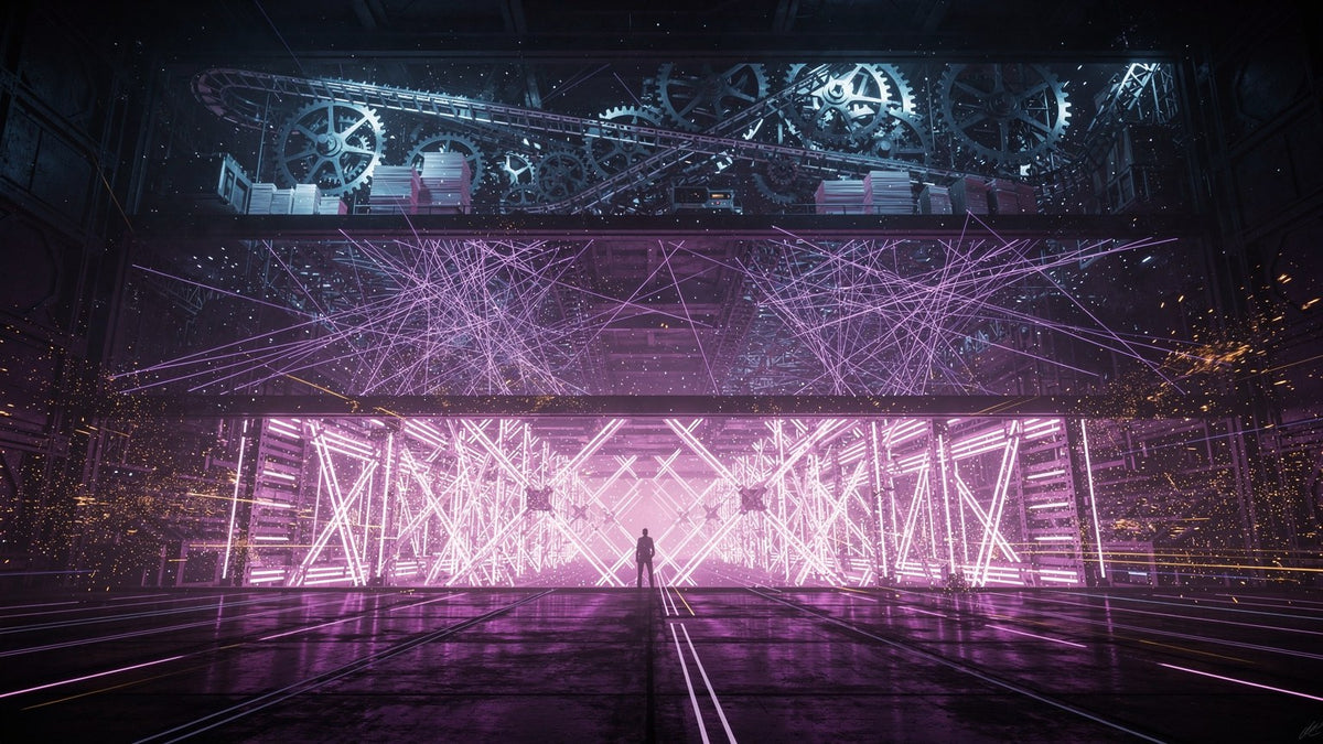 Three stacked neon bands in a dark hall: cold grinding gears at the back, crossing violet beams in the middle, and a blazing magenta lattice locking around a lone figure at the front