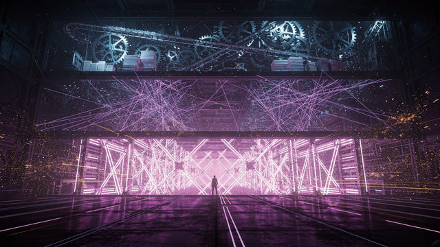 Three stacked neon bands in a dark hall: cold grinding gears at the back, crossing violet beams in the middle, and a blazing magenta lattice locking around a lone figure at the front