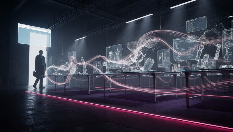 A professional steps through a glowing browser window into a vast neon workshop where AI tools and routines run themselves