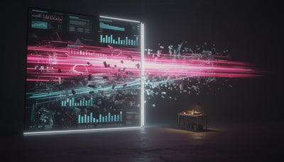 A blazing vendor slide panel streams benchmark charts and magenta light into a white gate that splits them apart, while a small warm workbench stands intact in the dark beyond