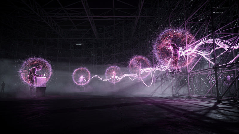 Isolated figures each working inside their own blazing sphere of violet data while the dark structural lattice around them begins to light up as one connected system