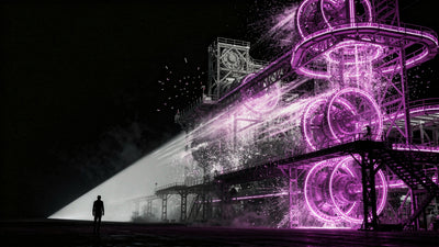 A vast violet neon machine blazing at full power on one side while the light drains out of it along the exact diagonal path taken by the lone figure walking away into the dark