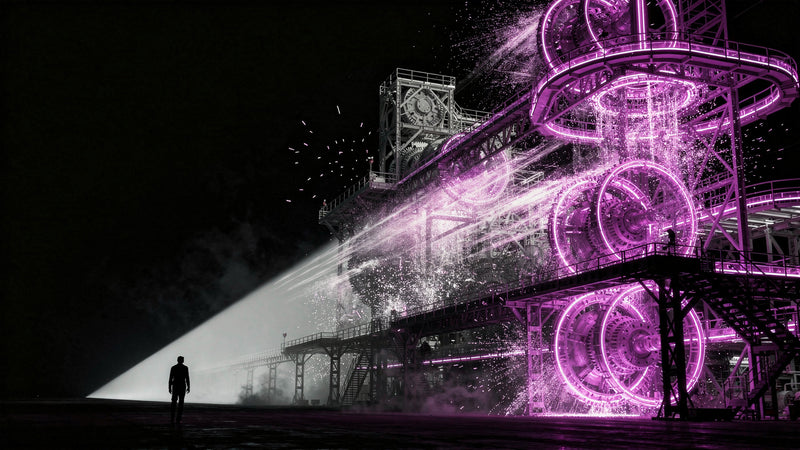 A vast violet neon machine blazing at full power on one side while the light drains out of it along the exact diagonal path taken by the lone figure walking away into the dark