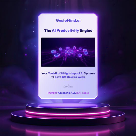 GustoMind.ai AI Productivity Engine cover – toolkit of 8 AI systems and prompt frameworks to save 10+ hours per week