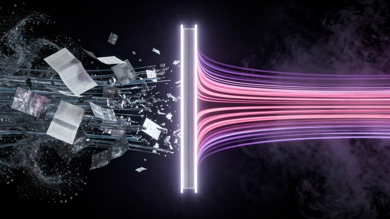 A dozen scattered documents resolving through a single luminous page into one ordered stream — the firm's first AI doctrine