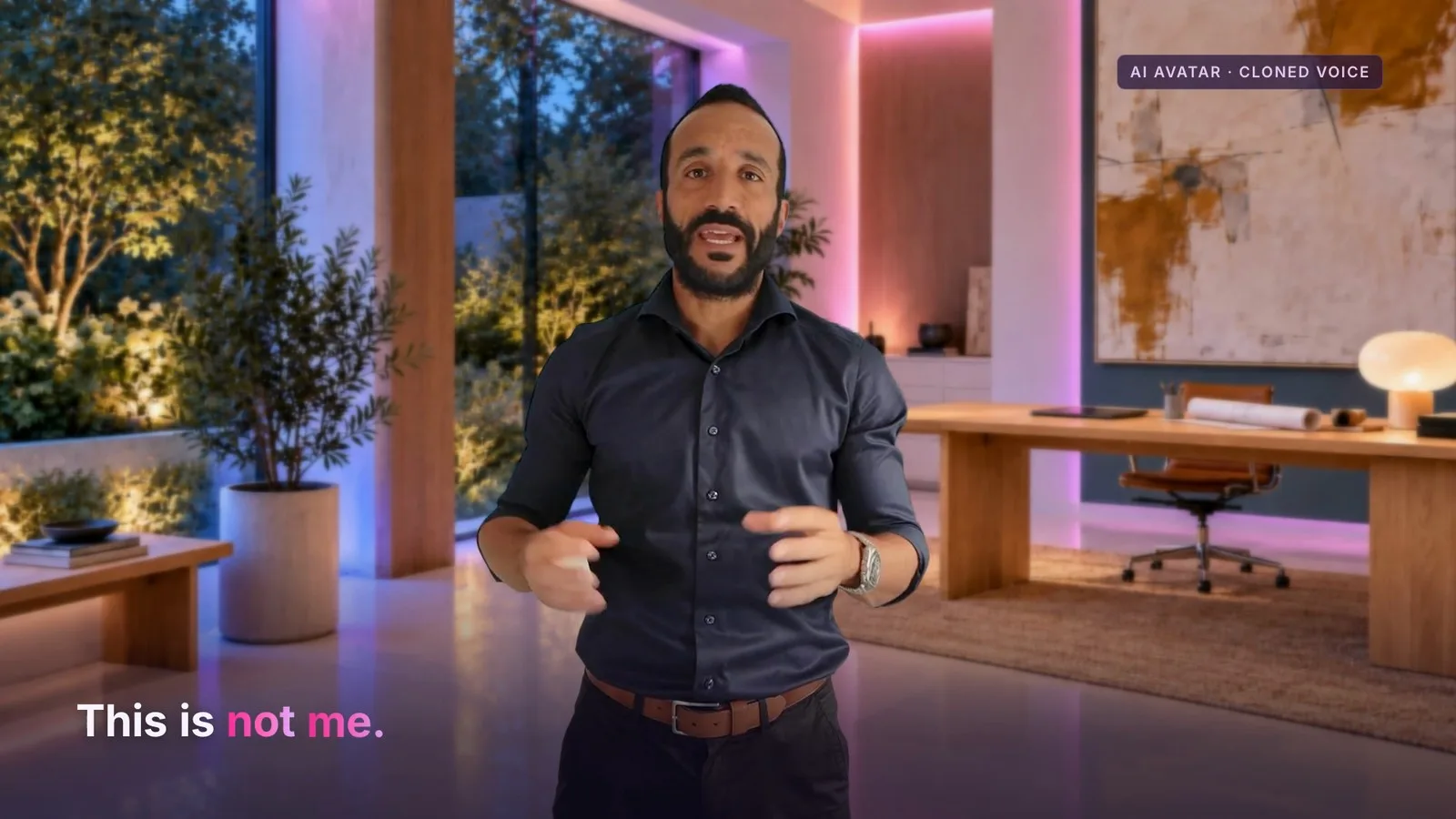 Opening frame of the film: an AI avatar of Bruno Oliveira in a generated room, captioned This is not me and labelled AI avatar, cloned voice