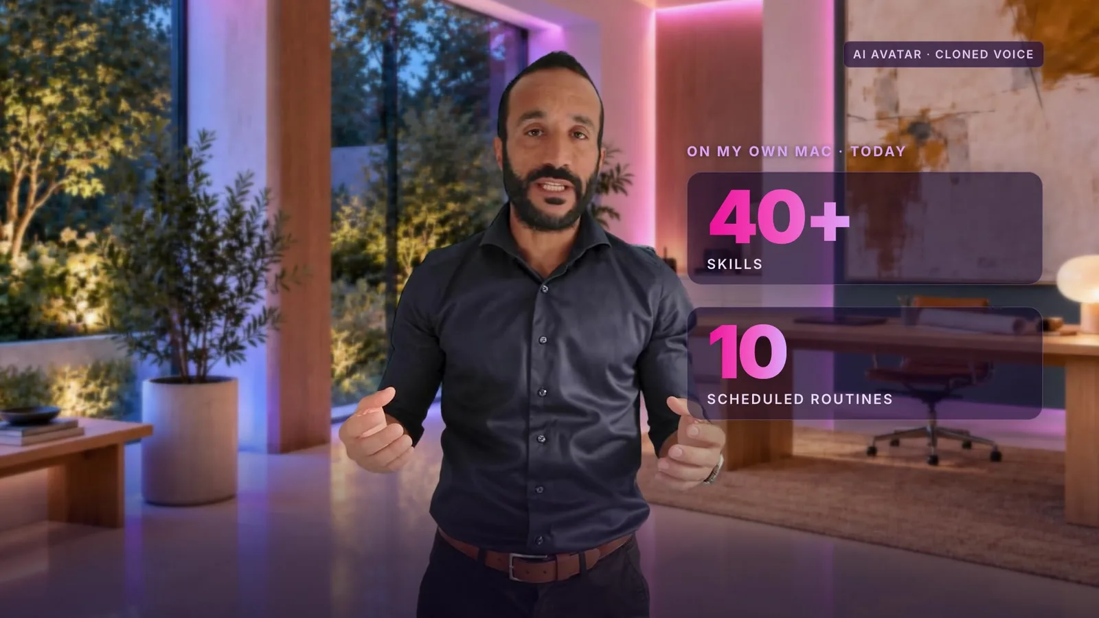 Frame from the film: the AI avatar of Bruno Oliveira beside the figures 40+ skills and 10 scheduled routines, under the words On my own Mac, today