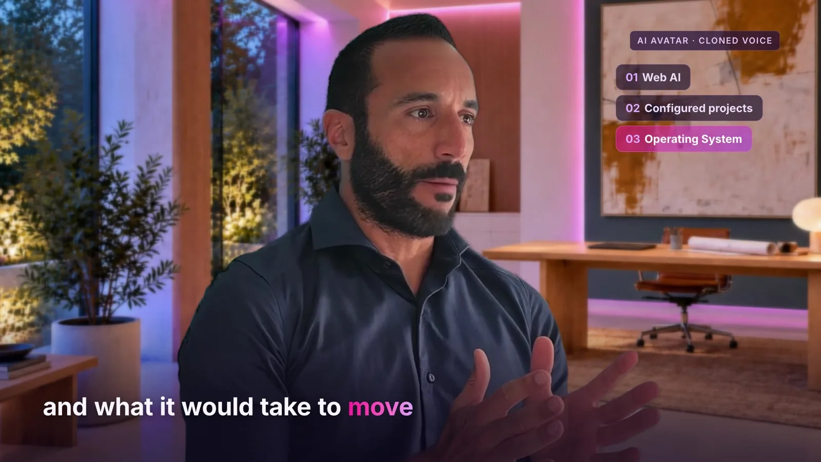 Frame from the film: the AI avatar of Bruno Oliveira beside 3 pills, Web AI, Configured projects and Operating System, asking what it would take to move up one