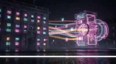 Scattered glowing browser windows in the sash windows of a stone chambers building stream as ribbons of light into one luminous engine, above an unbroken white line on wet paving