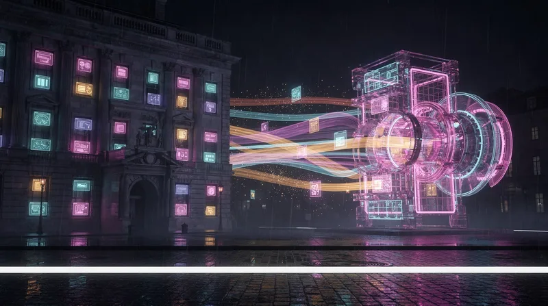 Scattered glowing browser windows in the sash windows of a stone chambers building stream as ribbons of light into one luminous engine, above an unbroken white line on wet paving