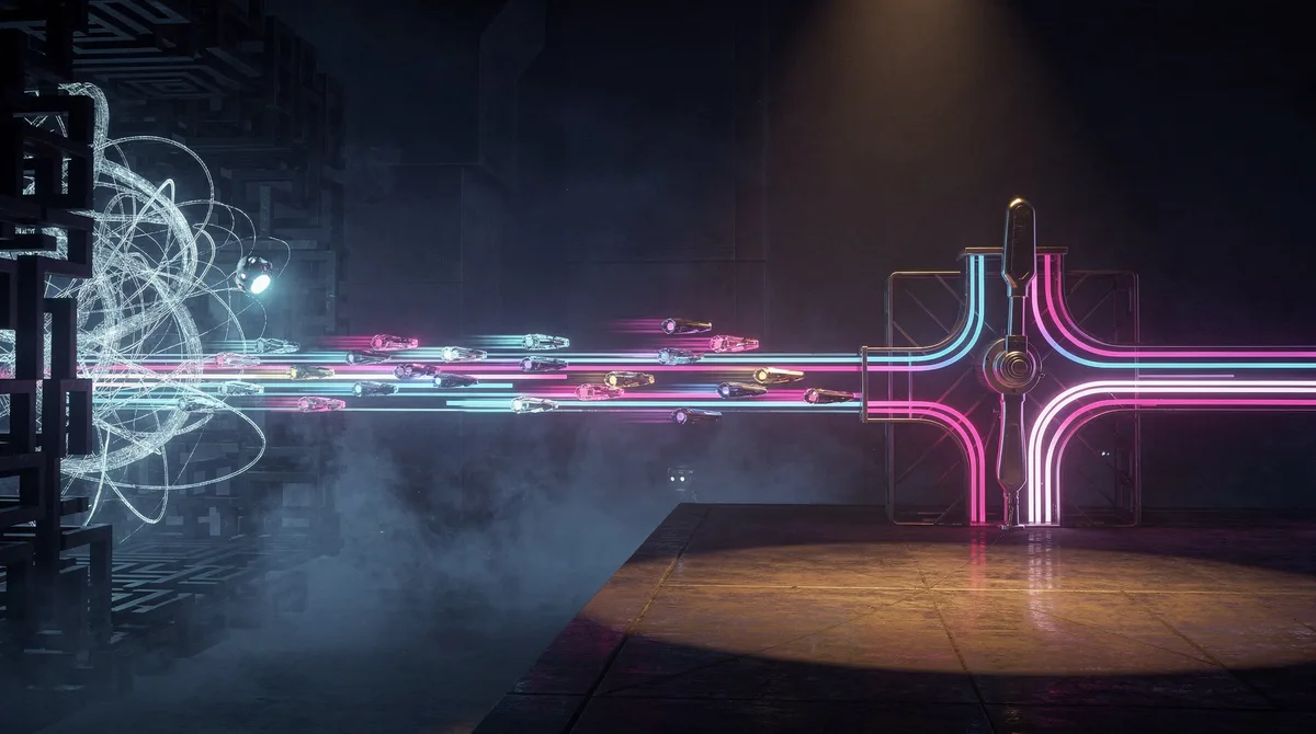 A probe's tangled light trails in a dark maze give way to one settled neon rail; capsules of light race along it to a junction where a single lever waits, untouched, under an amber spotlight