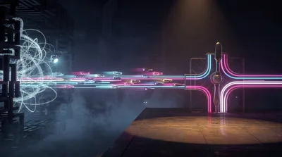 A probe's tangled light trails in a dark maze give way to one settled neon rail; capsules of light race along it to a junction where a single lever waits, untouched, under an amber spotlight