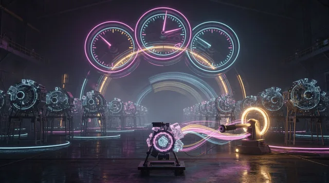 A small glowing prototype engine waits before a gateway crowned by three illuminated instrument dials, beside a large lever ringed with light, while ranks of identical engines stand dark beyond
