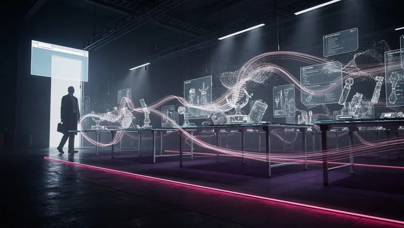 A professional steps through a glowing browser window into a vast neon workshop where AI tools and routines run themselves