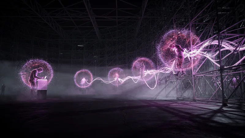 Isolated figures each working inside their own blazing sphere of violet data while the dark structural lattice around them begins to light up as one connected system