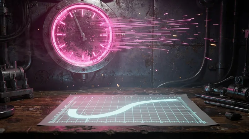 A glowing dial at day 30 throws a wild magenta reading into the dark while a steady cyan baseline curve is recorded on a workbench sheet beneath it